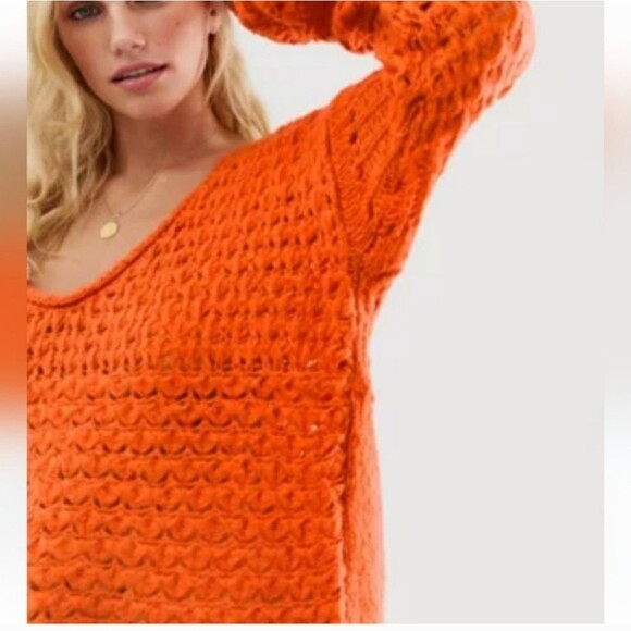 Free People Crashing Waves Chunky Knit Pullover V Neck Sweater in Red Orange - Picture 3 of 10